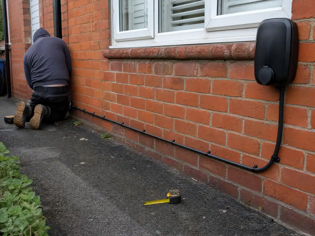 Armoured cable run to a new EV charger along a garage wall, Derby