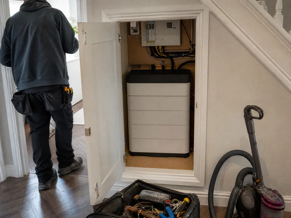 Stacked home battery fitted in an under-stairs cupboard, Derby