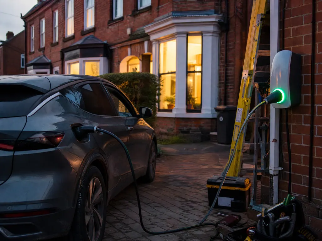 Electric car charging at home on a driveway at dusk, Derby