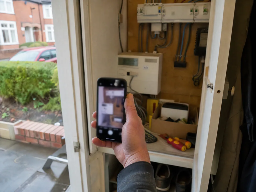 Generation meter being read during a solar health check, Derby