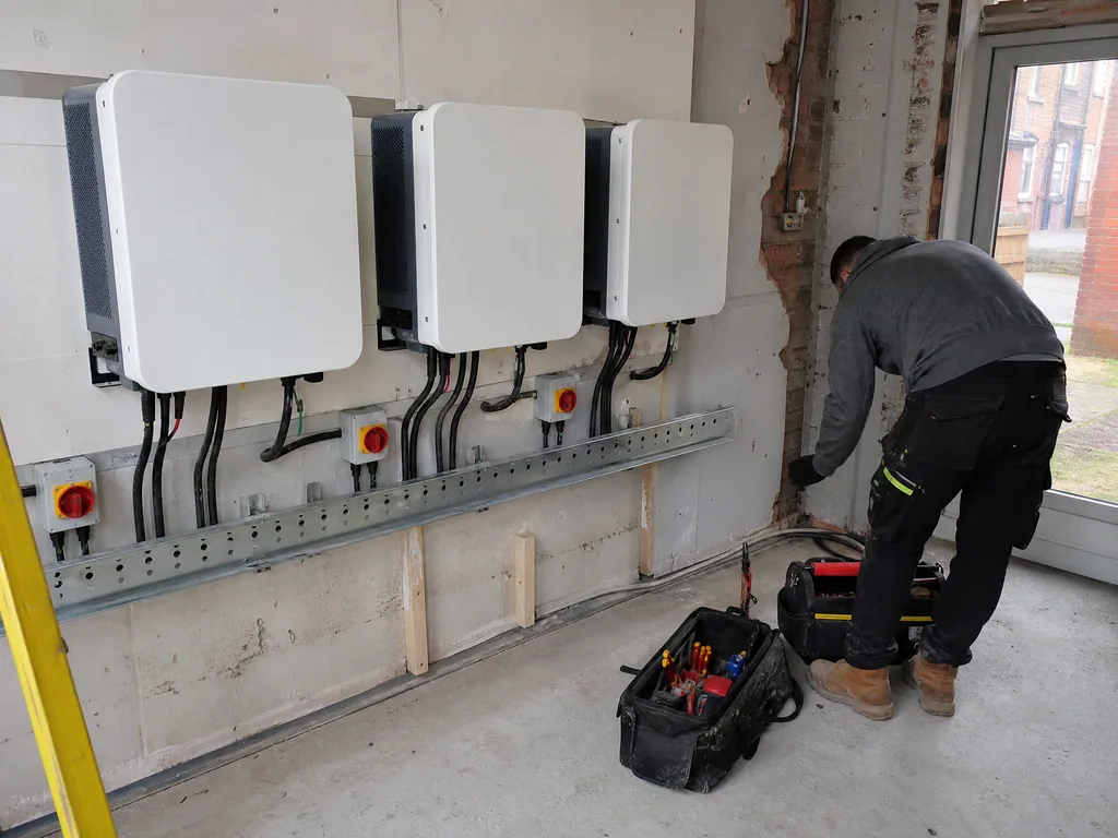Bank of commercial solar inverters in a plant room, Derby