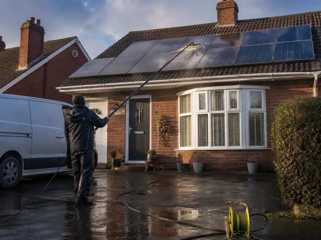 Solar panels on a Derby bungalow being cleaned with a water-fed pole